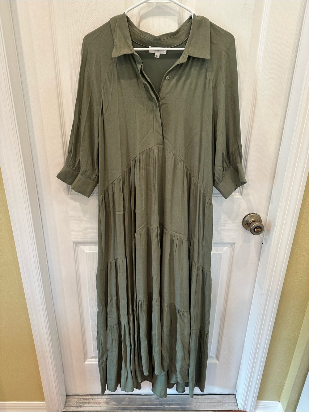 Olive Tiered Maxi Shirt Dress with Collar and Three-Quarter Sleeves